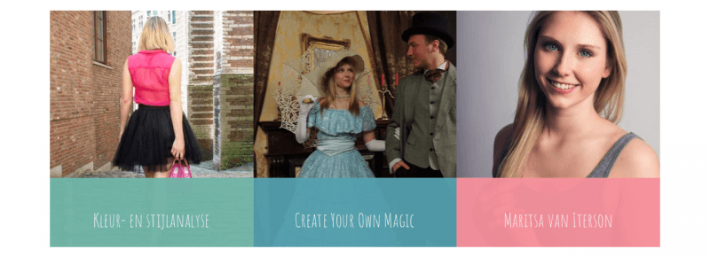 De drie opties op de homepagina van Pigs & Tutu's: Kleur- en stijlanalyse, Create your own magic en Maritsa van Iterson Portfolio